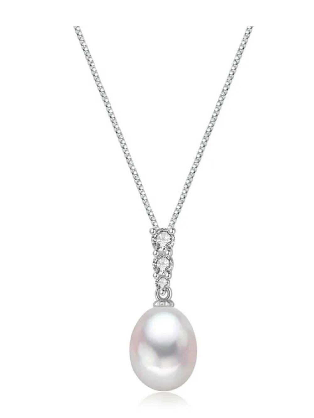 Sterling Silver White Pearl Drop Necklace  Cubic Zirconia Stones 18" long NEW